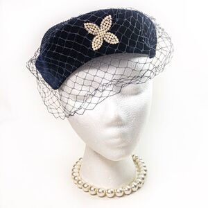 VTG Deep Blue Velvet Veiled Pillbox Pearl Quatrefoil